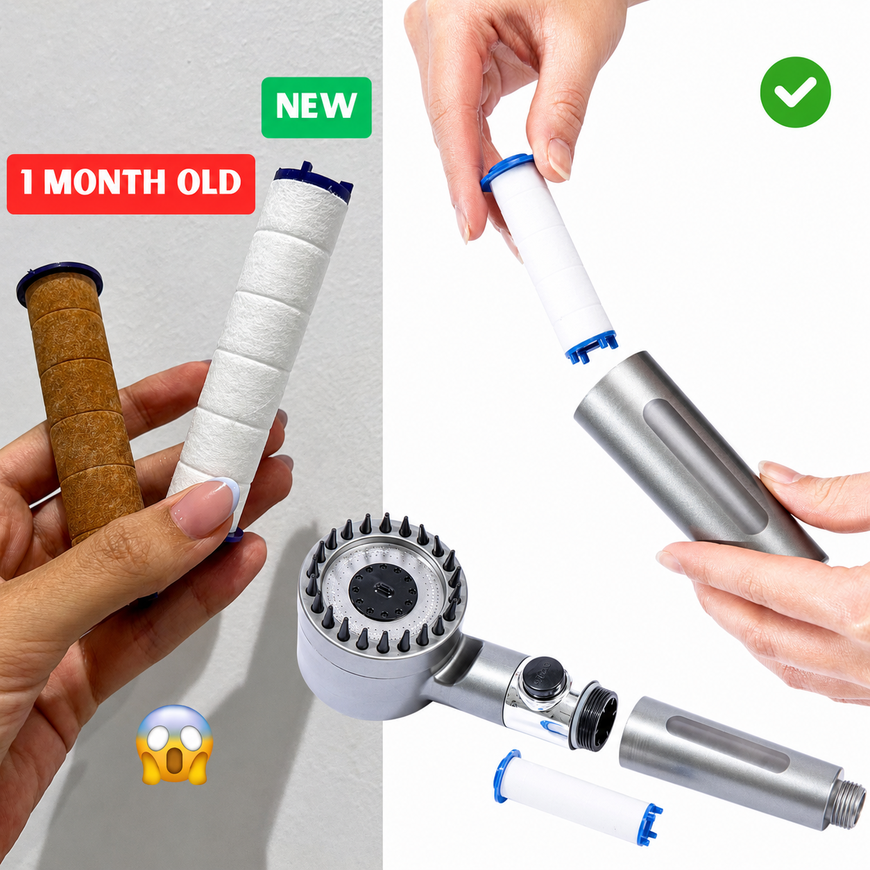 New IonDrops mineral filter cartridge next to a used cartridge after four weeks