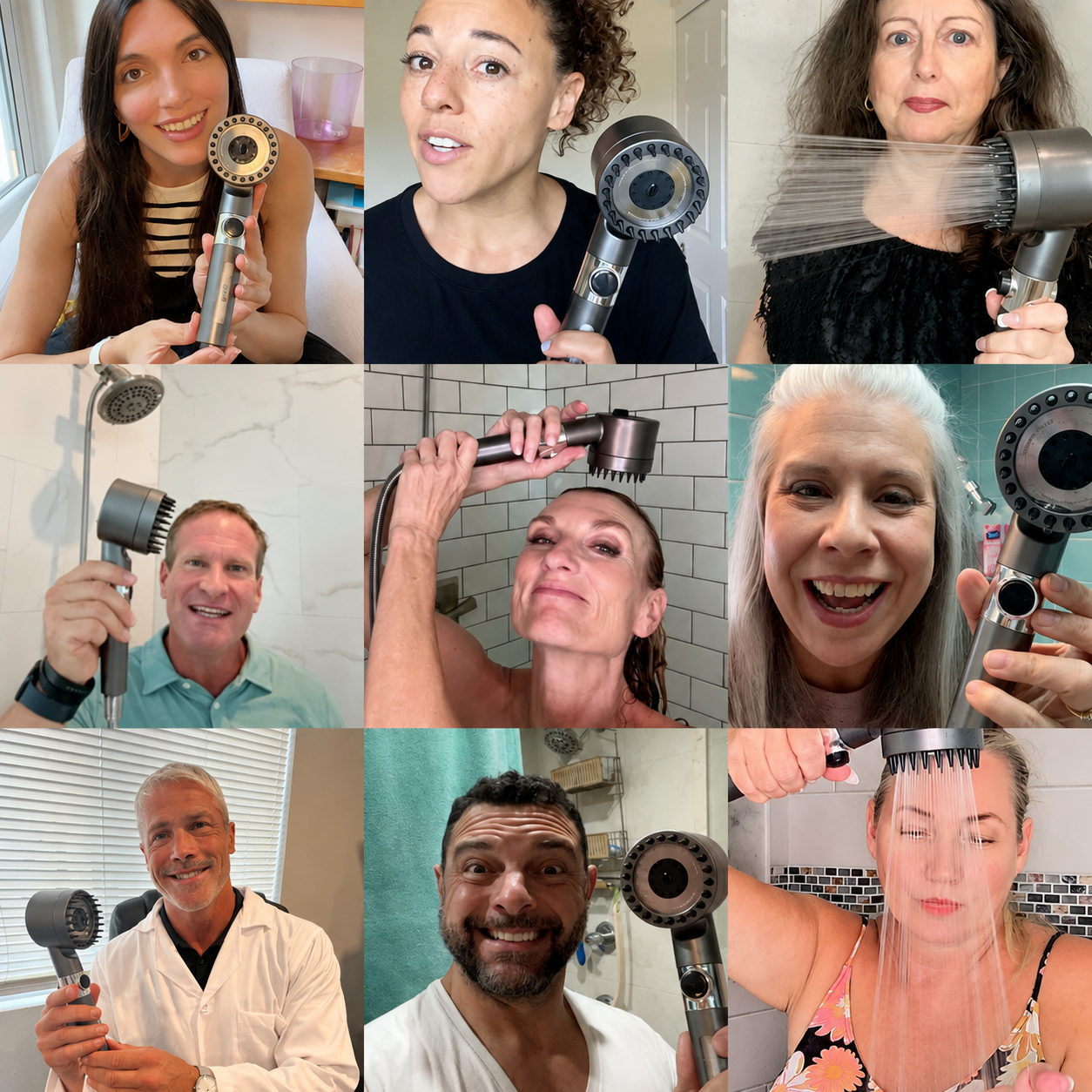 IonDrops customers holding their new shower heads